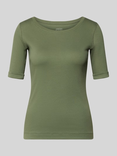 Produktfoto, T-Shirt mit Rundhalsausschnitt und 1/2-Arm von Marc Cain aus Baumwoll-Elasthan-Mix in Slim Fit, grün, Rückenlänge 56 cm bei Größe 36.