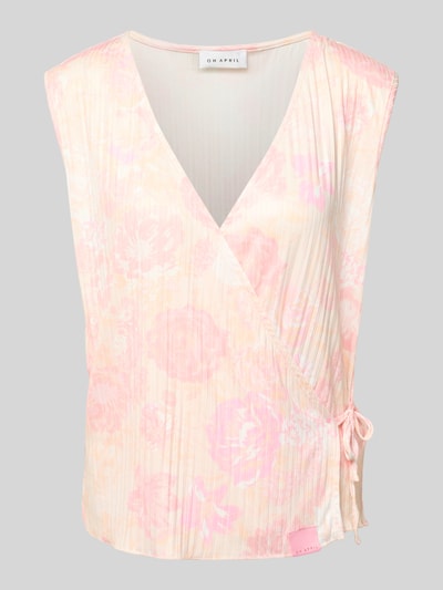 Produktfoto, Blusentop in Wickel-Optik Modell 'Solin' von OH APRIL aus Material-Mix mit Stretch-Anteil, zartes Rosa und Beige mit floralen Mustern, Regular-Fit, V-Ausschnitt, Label-Detail, Rückenlänge 53 cm bei Größe S.