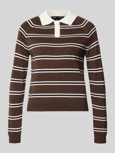 Produktfoto, Strickpullover mit Polokragen Modell 'ATABI' von MANGO in Braun mit weißen Streifen, Woll-Mix, Slim Fit, Knopfleiste, Allover-Look