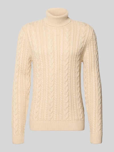 Produktfoto, cremefarbener Slim Fit Strickpullover mit Zopfmuster, geripptem Rollkragen, Modell 'Callum' von JACK & JONES Premium, Baumwoll-Materialmix