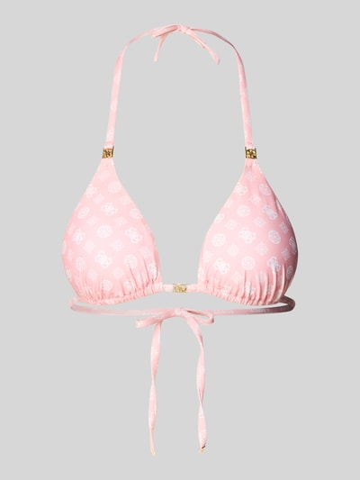 Produktfoto, Bikini-Oberteil in Triangel-Form Modell 'SOLEIL' von Guess in Rosa mit weißen Logos, Material-Mix mit Stretch, Schnürung, körpernahe Passform