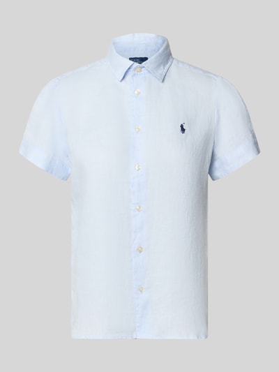 Productfoto, Regular Fit Leinenbluse aus reinem Leinen van Polo Ralph Lauren, look: effen, overhemdkraag, korte mouw, logostitching, materiaal: linnen, kleur: lichtblauw, structuur: glad met lichte textuur