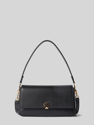 Produktfoto, Handtasche mit Klickverschluss und Tragehenkel von Tory Burch in Schwarz, glatte Oberfläche, goldfarbene Details, Maße 24 cm Breite, 13 cm Länge, 8 cm Tiefe, Schulterriemen 122 cm, Hauptfach mit Überschlag, Innenfach mit Reißverschluss, Damen Handtasche.