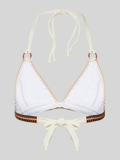 Produktfoto, Bikini-Oberteil mit Schnürung Modell 'WAKO SANTANY' von Banana Moon, biały z kontrastowym beżowym obszyciem, materiał z domieszką stretchu, dopasowany krój, wiązany na szyi i plecach
