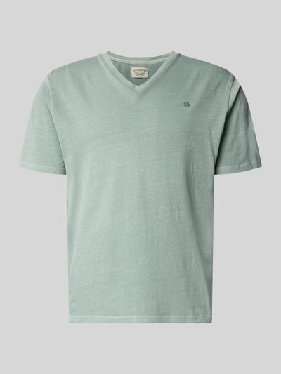 Produktfoto, T-Shirt aus Baumwoll-Leinen-Mix mit V-Ausschnitt von Superdry, hellgrün, dezentes Stitching, Regular Fit, texturierte Oberfläche