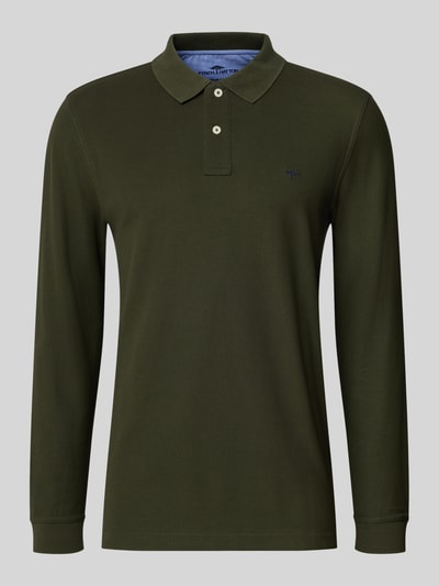Produktfoto, Regular Fit Langarm-Poloshirt mit Label-Stitching von Fynch-Hatton, reine Baumwolle, grün, glatte Struktur, Knopfleiste