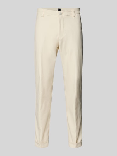 Produktfoto, Regular Fit Chino aus Baumwoll-Mix Modell 'KANE1' von BOSS in uni Creme mit Gürtelschlaufen, Umschlag und Logo-Applikation