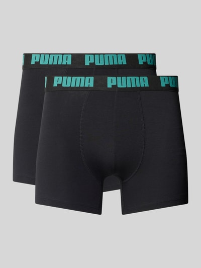 Produktfoto, schwarze Slim Fit Boxershorts aus Baumwoll-Mix im 2er-Pack Modell 'EVERDAY' von PUMA, kontrastierendes türkisfarbenes Logo-Bündchen, glatte Textur, Herren Boxershorts von PUMA