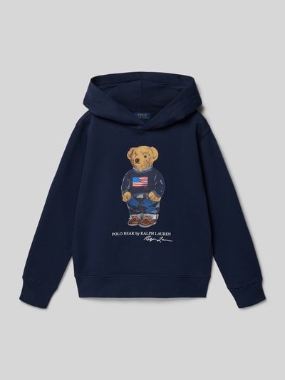 Produktfoto, Regular Fit Hoodie mit Polo-Bear-Print von Polo Ralph Lauren Teens in Dunkelblau, Optik: Unifarben, Baumwoll-Mix, Sweat, Label-Schriftzug, Kapuze, Langarm, Ärmelabschluss und Rumpfabschluss: gerippt