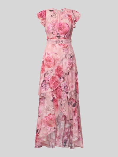Produktfoto, Regular Fit Abendkleid mit Rüschenbesatz von Lipsy aus Mesh mit Floraler-Print, taillierte Passform, florale Allover-Prints, Rosatöne, transparente Rüschen, Rückenlänge 128 cm, Brustweite 40 cm.