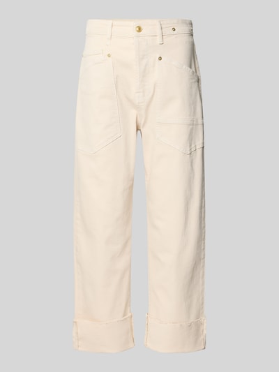 Produktfoto, Baggy Fit Jeans aus Baumwoll-Mix von MAC in Creme mit aufgesetzten Taschen, Nietenbesatz, Label-Patch, ausgefransten Beinabschlüssen