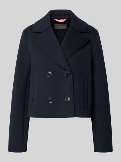 Produktfoto, Regular Fit Jacke mit Viskose-Anteil von Christian Berg Woman Selection in Dunkelblau mit Reverskragen und doppelter Knopfleiste, Elastischer-Material-Mix, Eingrifftaschen, Rückenlänge 54 cm, Schulterbreite 39 cm, Brustweite 51 cm, Ärmellänge 64 cm