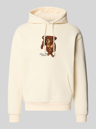 Produktfoto, Relaxed Fit Hoodie aus Baumwoll-Mix mit Hunde-Patch von REVIEW, mieszanka bawełny, krój relaxed fit, naszywka z psem, wyhaftowane logo, krój z długim rękawem, prążkowane wykończenia, kaptur z tunelem, długość tyłu w rozmiarze M 68 cm, długość rękawów w rozmiarze M 71 cm, kremowy kolor, prosty fason, miękka faktura