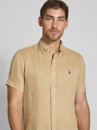Polo Ralph Lauren Custom Fit Leinenhemd mit Button-Down-Kragen Camel 3