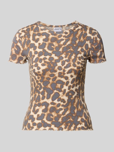 Produktfoto, T-shirt im all-over look met ronde hals van Jake*s Casual, mix van katoen en elastaan, slim fit, riblook, golvende zoom, maat S ruglengte 50 cm
