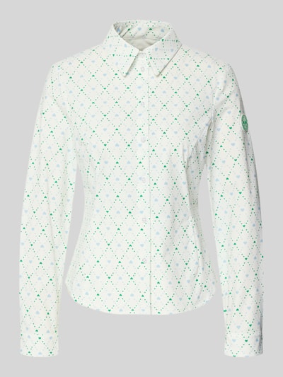 Produktfoto, Slim Fit Bluse im Allover-Look von Marc Cain in Weiß mit feinem grünem Punktmuster, Hemdblusenkragen und Knopfleiste, Material-Mix mit Stretch-Anteil, Damen Bluse.