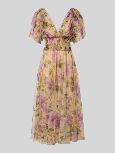 Produktfoto, Cocktailkleid mit Smok-Details und V-Ausschnitt von LACE & BEADS aus Chiffon in A-Linie als Midikleid mit Schmetterlingsärmel, florales Muster in Violett und Beige, Rückenlänge 102 cm, Brustweite 38 cm, Ärmellänge 17 cm