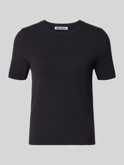 Produktfoto, Strickshirt aus Viskose-Mix mit Rundhalsausschnitt von Review in Schwarz, Regular Fit, kurze Ärmel, feine Rippbündchen, glatte Textur.
