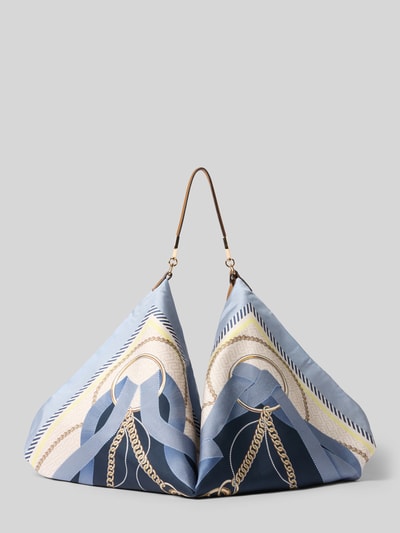 Produktfoto, Handtasche mit Tragehenkel Modell 'FOULARD' von Liu Jo White aus blauem und beigem Satin mit Taschenanhänger und Label, goldfarbene Akzente, Maße: 70x40x5 cm, Schulterriemen 38 cm, Hauptfach mit Reißverschluss, strukturierte Oberfläche.