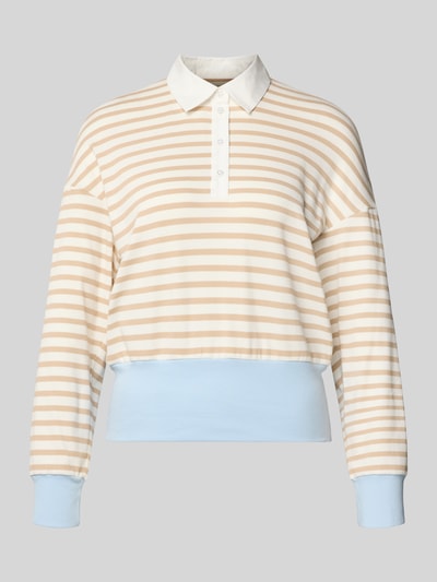 Produktfoto, Regular Fit Poloshirt mit breitem Bund von Marc Cain im Streifenmuster, Beige-Weiß-Blau, Damen Poloshirt aus elastischem Baumwoll-Mix, langärmelig
