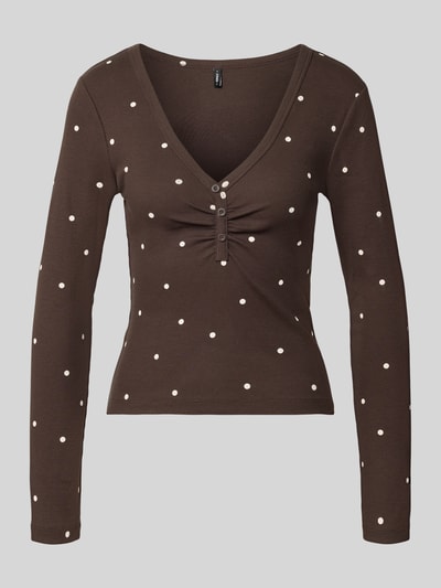Produktfoto, braune bluzka z długim rękawem w białe kropki aus mieszanka bawełny, Regular Fit Langarmshirt aus Baumwoll-Mix Modell 'FENJA' von ONLY, Damen Langarmshirt von ONLY