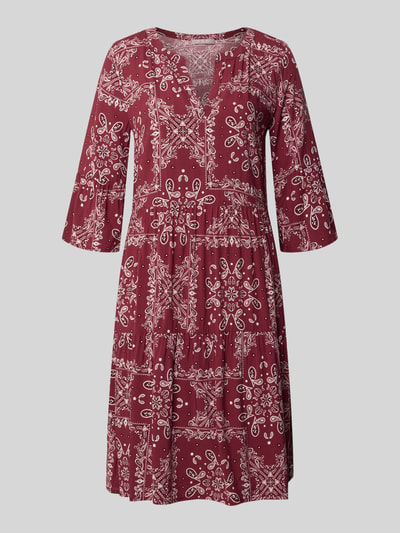 Produktfoto, Relaxed Fit Minikleid aus reiner Viskose von Christian Berg Woman Selection in Dunkelrot mit Allover-Paisley-Print, Tunika-Ausschnitt, 3/4-Arm, sichtbare strukturierte Stofftextur, Rückenlänge 89 cm, Brustweite 49 cm, Ärmellänge 39 cm, Damen Minikleid