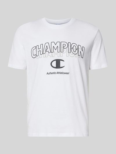 Produktfoto, weißes T-Shirt mit Label-Print und Rundhalsausschnitt von CHAMPION, reine Baumwolle, Regular Fit, klare Textur, Größe M 68 cm Rückenlänge