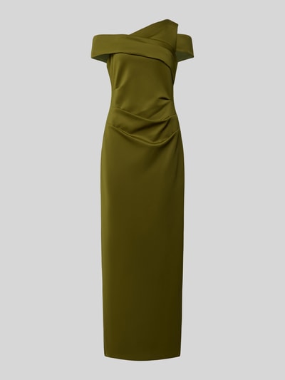 Produktfoto, długa sukienka z marszczeniami Maxikleid mit Raffungen von Adrianna Papell, elastyczna mieszanka materiałów, dopasowany krój, asymetryczny krój, odkryte ramiona, długość tyłu w rozmiarze 36: 130 cm, szerokość w rozmiarze 36: 42 cm, zielony kolor, gładka tekstura