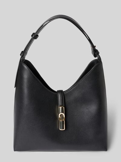 Produktfoto, czarna skórzana Handtasche mit Tragehenkel Modell 'GOCCIA' von FURLA z metalową klamrą, Szerokość w rozmiarze 1: 28 cm, długość 30 cm, głębokość 16 cm, długość paska 50 cm