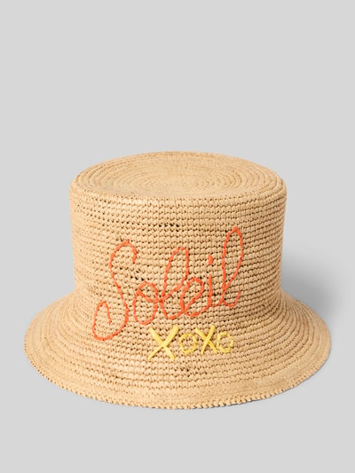 Produktfoto, Zylinderförmiger Strohhut mit Stitchings von Marc Cain, natürlicher Farbton, orange-gelbe Stickerei, Damen Strohhut.