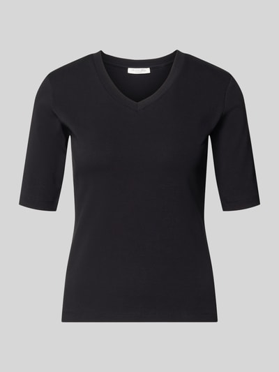 Produktfoto, T-shirt mit V-Ausschnitt von Christian Berg Woman, czarny, mieszanka bawełny i elastanu, krój regular fit, dekolt w serek, rękaw o dł. 1/2, długość tyłu w rozmiarze S: 55 cm
