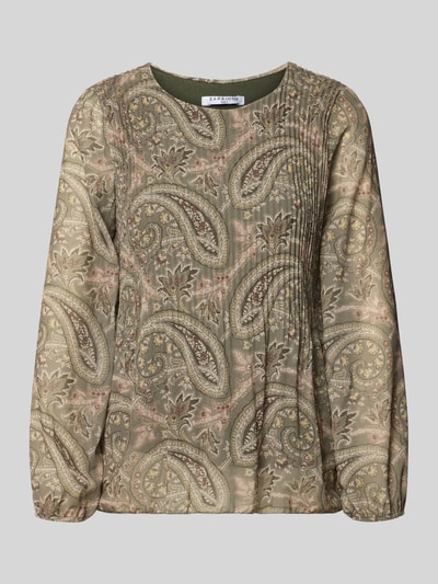 Produktfoto, Blusenshirt mit Plisseefalten Modell 'Ka44ia' von ZABAIONE, olivgrüner Allover-Look mit Paisley-Muster, Chiffon-Textur, Regular Fit
