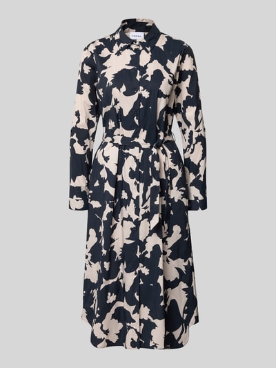 Produktfoto, Hemdblusenkleid im Allover-Look mit Bindegürtel von comma, bawełniana mieszanka ze stretchem, krój A-linia, długość midi, wzór całopowierzchniowy, pasek, długość pleców w rozmiarze 36: 120 cm, szerokość w rozmiarze 36: 49 cm, długość rękawa w rozmiarze 36: 60 cm, kolory granatowy i kremowy, abstrakcyjne kształty, gładka faktura