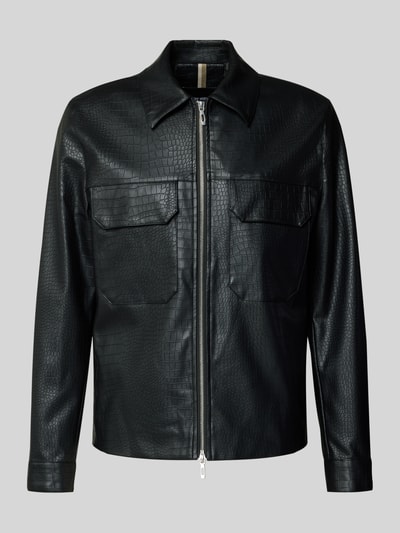 Produktfoto, Slim Fit Jacke in Leder-Optik Modell 'GIUBBINO' von Antony Morato, czarny, tekstura skóry, kołnierzyk, kieszenie z patką, dwa zamki
