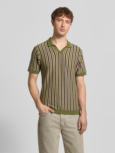 Męski model nosi Regular Fit Poloshirt in Strick-Optik Modell 'Carly' von Blend z czystej bawełny, krój regular fit, imitacja dzianiny, krótki rękaw, kołnierzyk polo, długość tyłu w rozmiarze M: 72 cm, wielokolorowe pionowe paski, zielone wykończenia; całkowite ujęcie przód