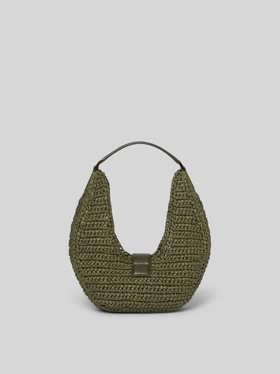 Produktfoto, Shopper mit Klickverschluss von Anine Bing aus reiner Zellulose mit Zopfmuster und Besatz aus Rindsleder in Oliv, Hauptfach, kurzer Trageriemen, Maße 31 cm Breite, 33 cm Länge, 8 cm Tiefe.