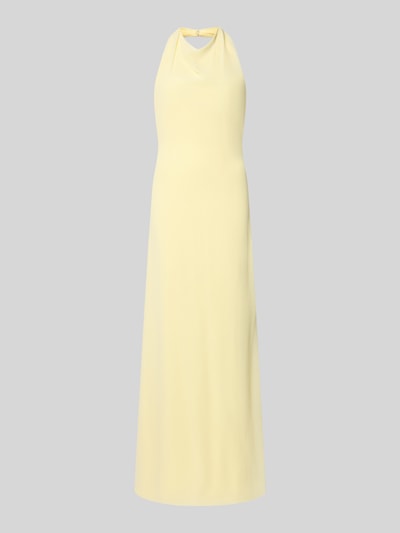 Produktfoto, Abendkleid mit Neckholder von Mascara aus Chiffon in zartem Gelb, Körpernahe Passform, Maxilänge, feine glatte Textur, Nahtreißverschluss, Hakenverschluss, Rückenlänge bei Größe 36: 140 cm, Brustweite 42 cm