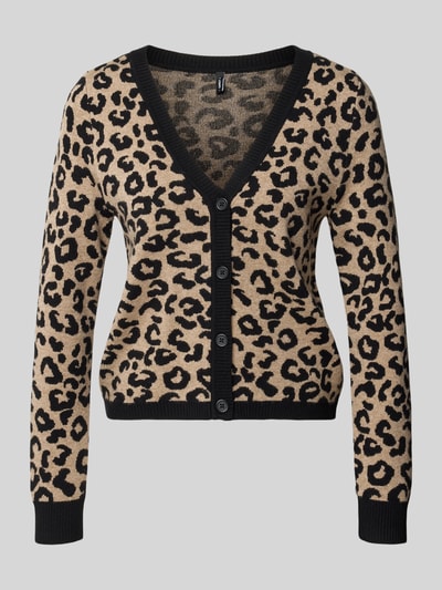Produktfoto, Regular Fit Strickjacke aus Viskose-Mix Modell 'LEO' von ONLY im Leo-Muster in Beige und Schwarz, Damen Strickjacke von ONLY