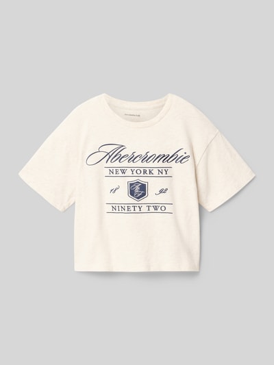 Produktfoto, Regular Fit T-Shirt mit Logo-Stitching von Abercrombie&Fitch, Baumwoll-Mix, cremefarben, dunkelblauer Aufdruck, Rundhalsausschnitt