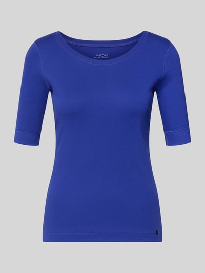 Produktfoto, T-Shirt in Ripp-Optik mit 1/2-Arm von Marc Cain in Blau, Slim-Fit, Rundhalsausschnitt, Baumwoll-Elasthan-Mix, Damen, 55 cm Rückenlänge bei Größe 36