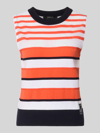 Produktfoto, Pullunder aus Lyocell-Mix im Allover-Look von Marc Cain, gestreift in Orange, Weiß, Dunkelblau, mit Rundhalsausschnitt, Label-Detail, Regular-Fit, Damen, Rückenlänge 52 cm bei Größe 36, glatte feine Strickstruktur.
