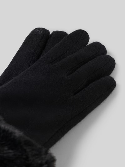 Produktfoto, Handschuhe aus Woll-Mix mit Kunstfellbesatz von EEM, schwarz, glatte Struktur, Kunstfellrand, Damen Handschuhe, Nahaufnahme, EEM