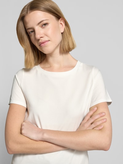Frauenmodel trägt Damen T-Shirt Regular Fit T-Shirt aus Baumwoll-Mix Modell 'MULTIF' von Weekend Max Mara, Optik: Unifarben, Logo-Print, Rundhals, Kurzarm, Materialverarbeitung: Jersey, Nahaufnahme Oberkörper.
