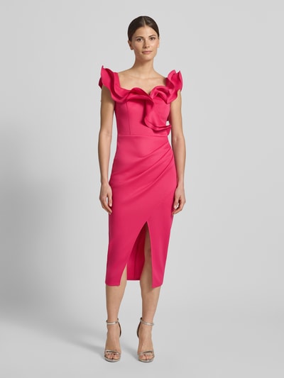 Kobiece modelka nosi Slim Fit Midikleid mit Gehschlitz von Lipsy, elastyczna mieszanka materiałów, marszczenia, rozporek, krój bez rękawów, długość tyłu w rozmiarze 36: 115 cm, szerokość w rozmiarze 36: 30 cm, różowy kolor, całkowity widok z przodu