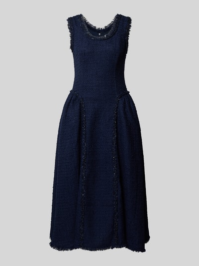 Produktfoto, Midikleid mit Woll-Anteil von Self-Portrait in dunklem Blau, Bouclé-Optik, taillierte Passform, ärmellos, Rundhalsausschnitt