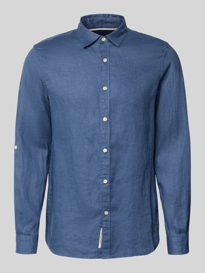 Produktfoto, Regular Fit Leinenhemd aus reinem Leinen Modell 'CORE' von Scotch & Soda in Blau mit Durchgehende Knopfleiste, Langärmelig, Kentkragen, Label-Stitching, Herren, Rückenlänge 78 cm, Schulterbreite 45 cm, Ärmellänge 66 cm