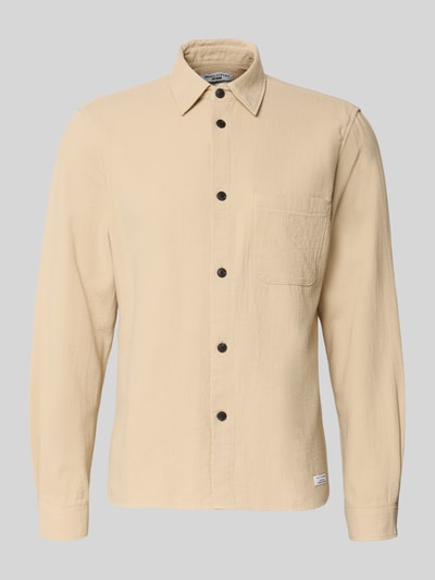 Produktfoto, Regular Fit Freizeithemd aus reiner Baumwolle von Marc O'Polo Denim in Beige, unifarben mit Struktur, Kentkragen, Brusttasche, lange Ärmel, Webware