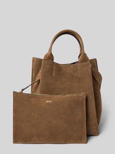 Produktfoto, Shopper aus echtem Leder mit herausnehmbarer Kosmetiktasche von Abro in Braun, samtige Oberfläche, Metallic-Label, strukturierte Form