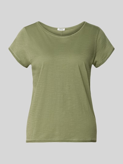 Produktfoto, Regular Fit T-Shirt aus Baumwoll-Flammgarn von s.Oliver RED LABEL in lichtgroen, melange look, gestreept dessin, korte mouwen met omgeslagen zoom, ronde hals, volledig van katoen, textuur door slubgaren.