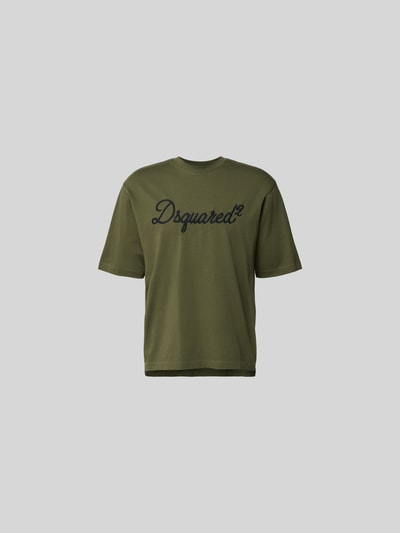 Produktfoto, olivgrünes Loose Fit T-Shirt aus reiner Baumwolle von Dsquared2 mit Rundhalsausschnitt und Label-Stitching, verlängerte Rückseite.
